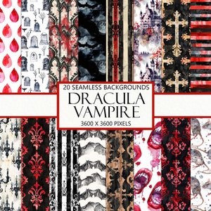 Seamless Dracula, Classic Vampire Images, Watercolor Gothic Horror, Repeating Pattern, Scrapbook Papers, Junk Journal Ephemera, Download