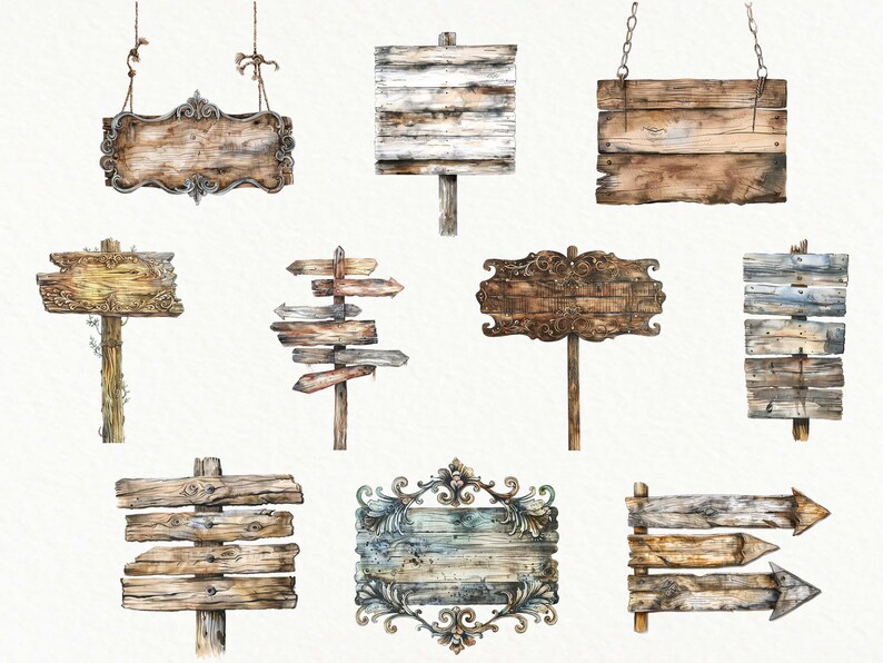 Watercolor Wooden Sign Clipart: Rustic Wood Plank Illustrations ...