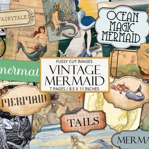 Printable Mermaid Ephemera Kit, Vintage Book Theme, Fussy Cut, Junk Journal Supplies, Collage, Fairytale Aesthetic, Commercial Use