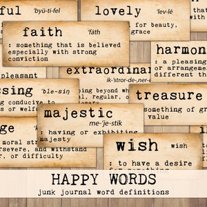 Word Definitions, Happy Words, Printable Junk Journal Ephemera, Dictionary Words, Grunge, Craft Scraps, Vintage, Fussy Cut, Instant Download