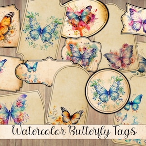 Printable Vintage Butterfly Labels, Junk Journal Ephemera, Old Label, Fussy Cut, Nature Watercolor Insect, Gift Tag, Instant Download