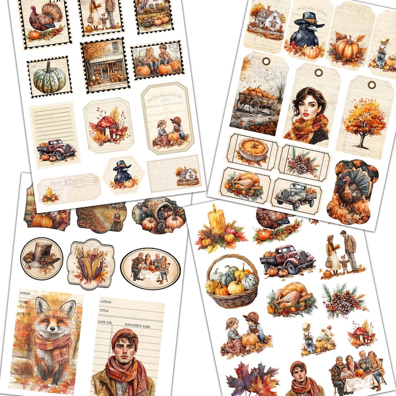 May include: A collection of digital scrapbook paper featuring autumn themes. The papers include images of turkeys, pumpkins, fall leaves, and other seasonal elements. The papers are perfect for creating cards, invitations, and other crafts.
