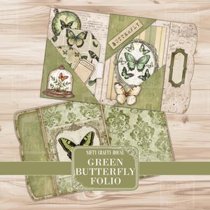 May include: Green butterfly folio with a vintage aesthetic. The design features butterfly illustrations, a decorative frame, and the text "Butterfly." The folio has a green and cream color scheme with a damask pattern.