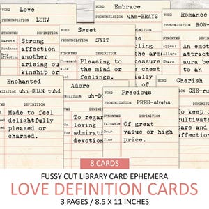 Cartões de biblioteca de definição de amor vintage para impressão, corte exigente, pacote de itens efêmeros, suprimentos para diário de lixo, dicionário de palavras, romance, dia dos namorados