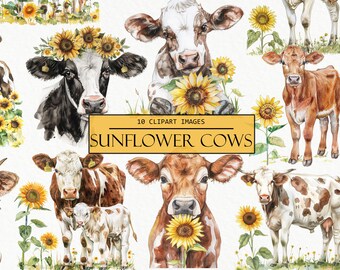 Watercolor Cow & Sunflower Clipart: Farm Animal PNG Images (Digital Download)