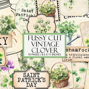 Kit d'éphémères trèfle vintage imprimable, antique Saint-Patrick, coupe soignée, fournitures pour journaux indésirables, collage, trèfle à quatre feuilles, téléchargement