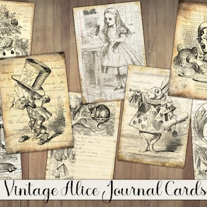Alice antique numérique, cartes de visite vintage, journal indésirable, les aventures d'Alice, éphémères monochromes, coupe difficile, collage, imprimable, PNG