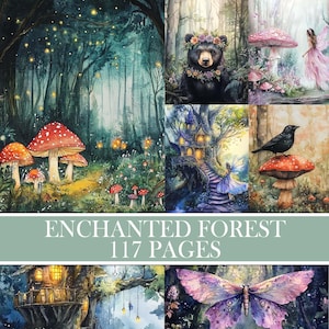 Verzauberter Wald Hintergründe, Junk Journal Zubehör, Wildnis Bilder, Waldtiere, Scrapbook Papier, Baum druckbare, sofort Download