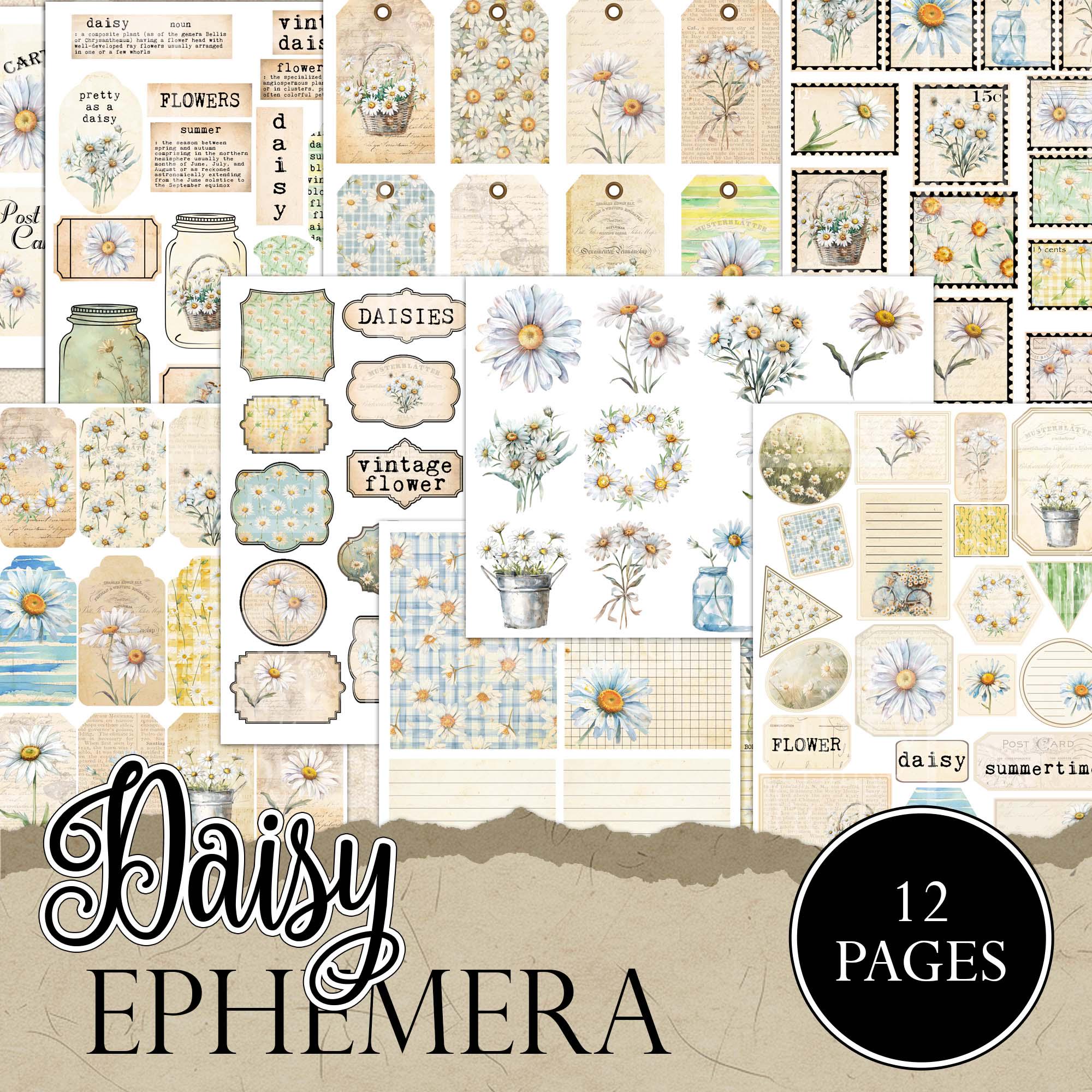 Printable Vintage Daisy Ephemera Kit: Junk Journal Collage, Scrapbook ...
