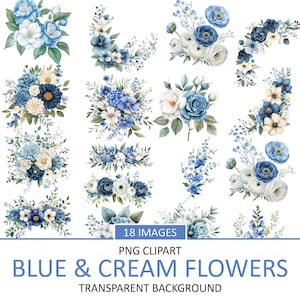 Aquarelle fleurs bleu et crème des cliparts, sublimation florale, Images de bouquet de mariage, composition florale Clip Art, usage Commercial, PNG