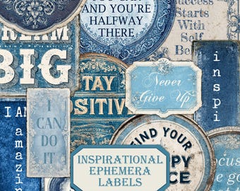 Vintage-style Inspirational Ephemera Kit: Blue Grunge, Printable Junk Journal Labels (Digital Download)