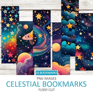 May include: Ten digital images of celestial bookmarks featuring colourful space scenes with stars, planets, and galaxies. The bookmarks are designed for fussy cutting.