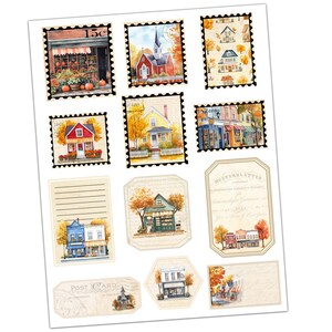 Puede incluir: Una hoja de papel de scrapbooking imprimible de estilo vintage con im&aacute;genes de edificios y escenas oto&ntilde;ales. El papel incluye im&aacute;genes de una iglesia, una tienda y una casa, todas con follaje oto&ntilde;al y una est&eacute;tica r&uacute;stica. El papel tambi&eacute;n incluye el texto "Postcard" y "Mosterblatter".