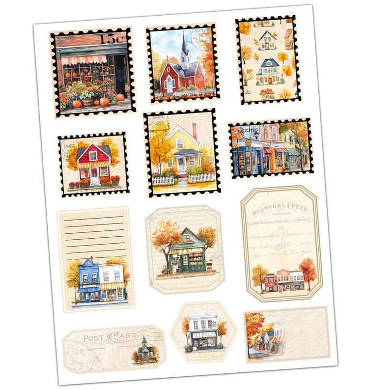 Puede incluir: Una hoja de papel de scrapbooking imprimible de estilo vintage con im&aacute;genes de edificios y escenas oto&ntilde;ales. El papel incluye im&aacute;genes de una iglesia, una tienda y una casa, todas con follaje oto&ntilde;al y una est&eacute;tica r&uacute;stica. El papel tambi&eacute;n incluye el texto "Postcard" y "Mosterblatter".