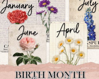 Vintage Style Junk Journal Cards: Birth Month Flower Ephemera (Digital Download)