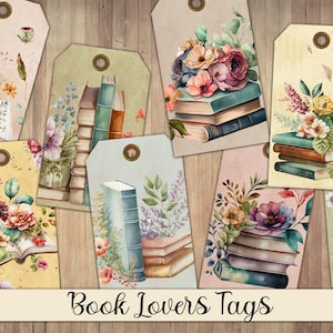 Etiquetas imprimibles de amantes del libro vintage, corte quisquilloso, paquete de efímeras, suministros de diario basura, recortes de diario de biblioteca, collage de álbumes de recortes, libros florales