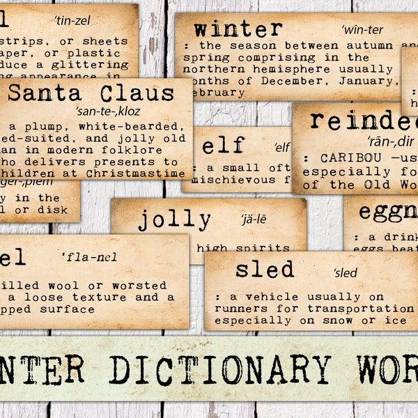 Winter Dictionary Words, Printable Junk Journal Ephemera, Grunge, Winter Craft Kit Scraps, Vintage, Christmas, Fussy Cut, Digital, Download