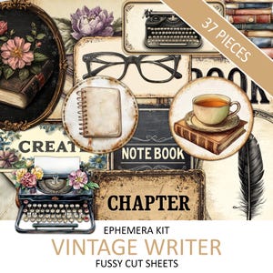 Antik Writer Etiketten Ephemera Kit, druckbare Buchliebhaber Journal, Vintage Autor, Pingeliger Schnitt, Scrapbook, Tan Collage Kit, sofort Download
