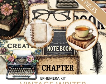 May include: Vintage Writer Ephemera Kit with 37 fussy cut sheets. The kit includes images of a typewriter, a cup of tea, a book, a notebook, glasses, and flowers. The kit is perfect for scrapbooking, card making, and other paper crafts.