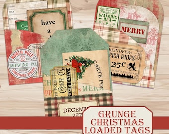May include: A selection of grunge Christmas loaded tags with a vintage aesthetic. The tags feature festive designs, including holiday phrases, illustrations, and a North Pole Brewing Co. label. The colour palette includes red, green, and beige.