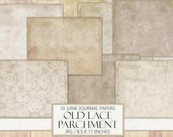 May include: Ten digital paper textures featuring a vintage lace and parchment design. The papers are beige and cream with a subtle distressed look. The text "10 Junk Journal Papers Old Lace Parchment JPG / 8.5 x 11 inches" is at the bottom of the image.