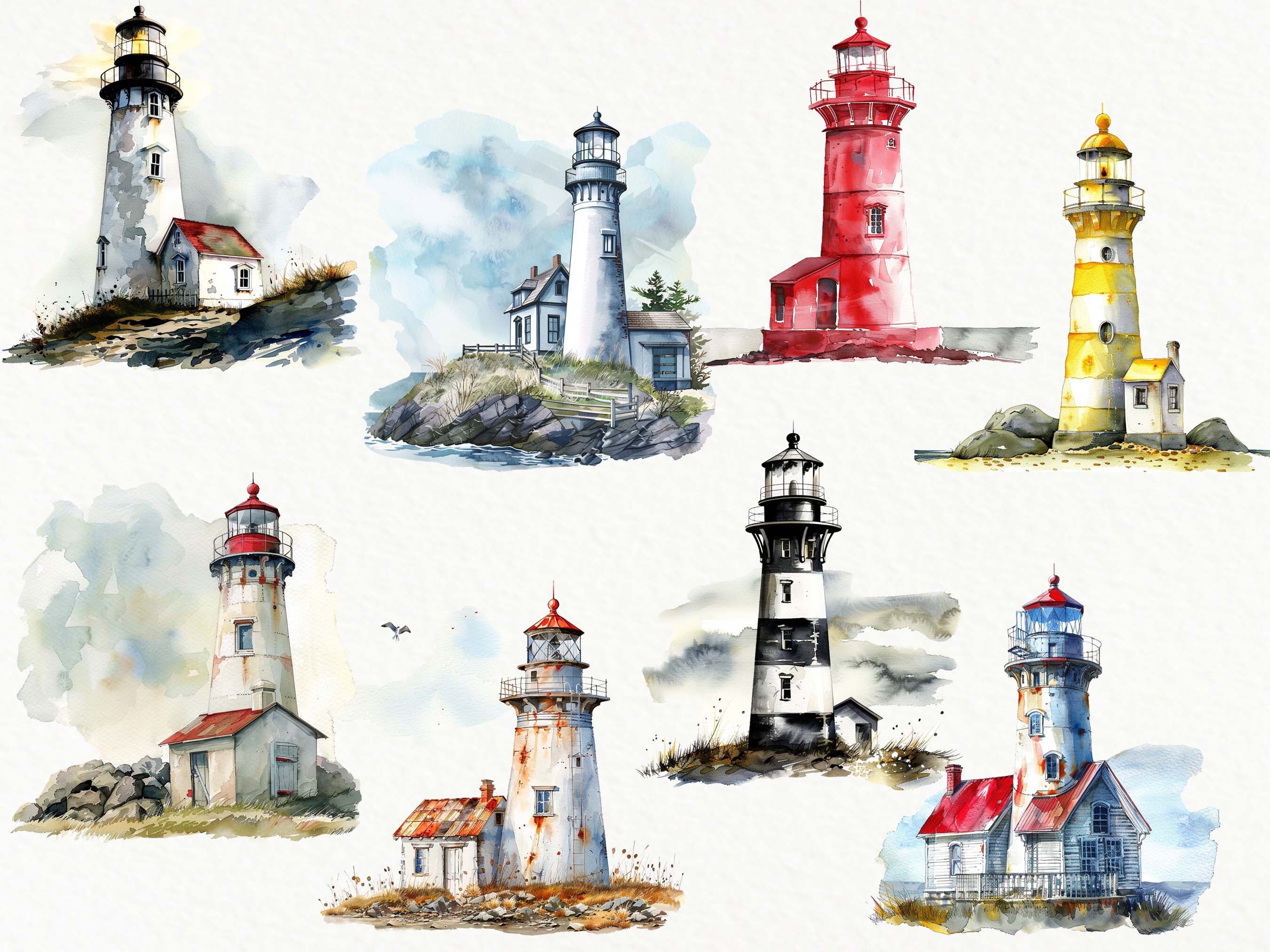 Watercolor Lighthouses Scrapbook Kit: Oceanside Ephemera (digital ...
