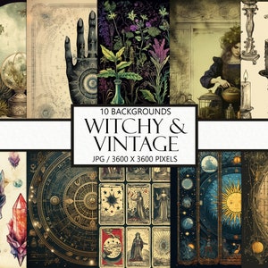 Fundos de bruxa vintage, álbum de recortes antigo, papel de diário descartável, bruxa de cozinha, itens mágicos para impressão, Wicca, download instantâneo