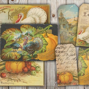 Vintage Thanksgiving-kaarten en -tags, Junk Journal, Autumn Craft Kit, kalkoenen en pompoenen, kortstondige, kieskeurige snit, digitale download, afdrukbaar