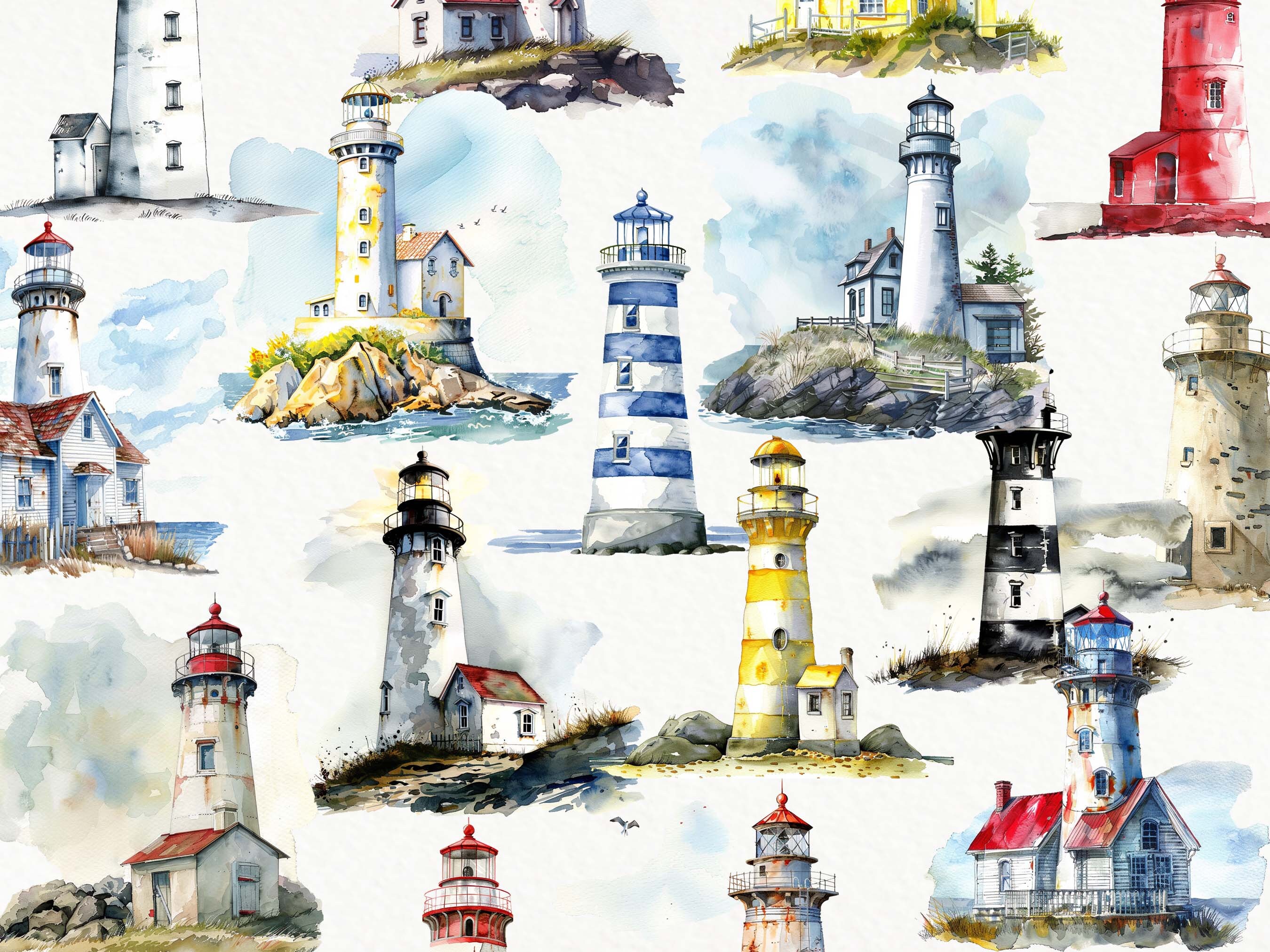 Watercolor Lighthouses Scrapbook Kit: Oceanside Ephemera (digital ...