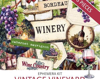 Watercolor Vineyard Ephemera Kit: Antique Wine, Winery Fussy Cuts (Digital Download)