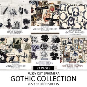 Könnte beinhalten: Eine Sammlung von filigran ausgeschnittenen Ephemera-Blättern mit einem gotischen Thema. Die Blätter umfassen Dark Gothic-Bibliothekskarten, Victorian Horrors, Gothic Frames, Vintage Gothic-Ephemera, Gothic Roses und Poe Faux Stamps. Jedes Blatt ist 21,59 x 27,94 cm groß.