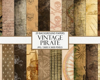 May include: A set of 20 vintage pirate themed digital papers. The papers feature a variety of designs, including skulls and crossbones, ships, compasses, and maps. The papers are in a variety of colors, including brown, beige, and white. The papers are 3600 x 3600 pixels.