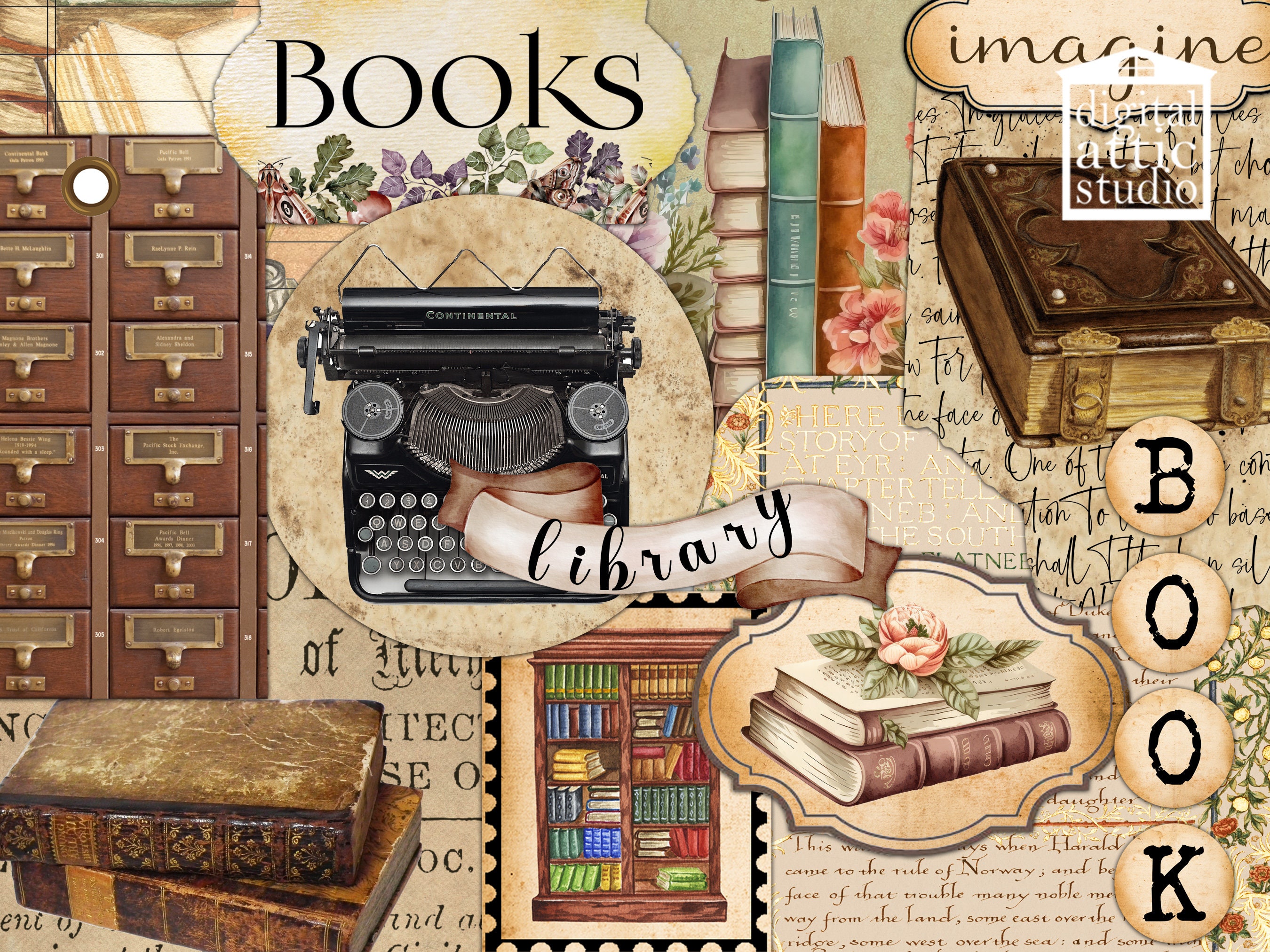 World of Books Junk Journal Kit, Printable Embellishments, Reading