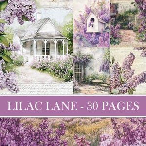 Vintage Lilac Lane Backgrounds, Junk Journal Supplies, Spring Flower Images, Collage Antique Scrapbook Paper, Purple Printable Download