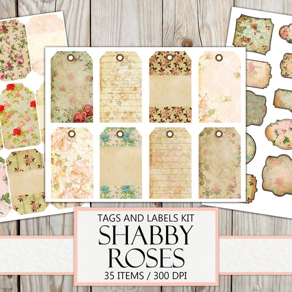 Shabby Roses, Vintage Tags, Antique Label, Junk Journal Ephemera, Old Label, Fussy Cut, Scrapbook Embellishment, Gift Tag, Instant Download