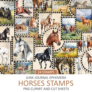 Tampons aquarelle chevaux, éphémères vintage, coupe soignée, feuille d'autocollants, fournitures pour journaux indésirables, clipart équin, téléchargement immédiat animal