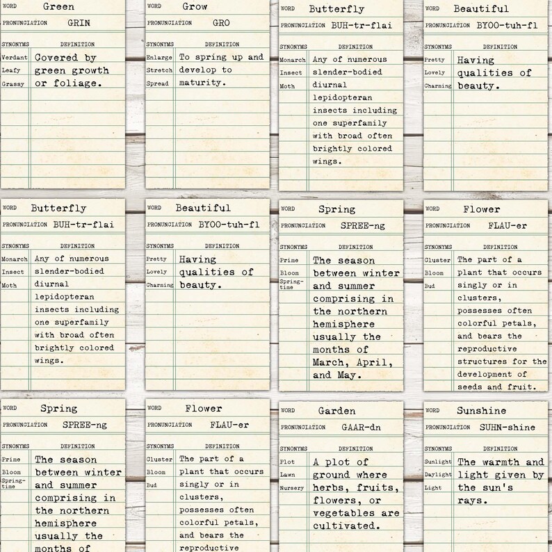 May include: Vintage style flashcards with definitions of words related to nature, including green, grow, butterfly, beautiful, spring, flower, garden, and sunshine. Each card features a word, its pronunciation, synonyms, and definition.