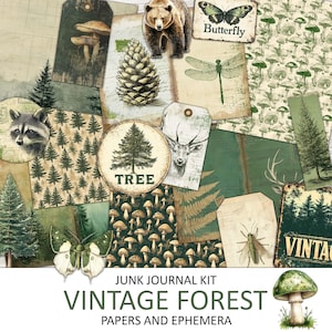 Vintage stijl bos ongewenste dagboekkit, groene natuurpagina's, kortstondige, kieskeurige snit, plakboekversiering, afdrukbare bosdier dieren