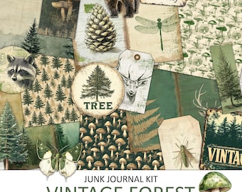 May include: Vintage Forest Junk Journal Kit with papers and ephemera. The kit includes images of mushrooms, butterflies, a bear, a deer, a pine cone, a dragonfly, a raccoon, and a tree. The kit also includes patterned papers with forest themes.