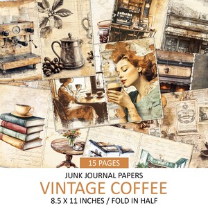 Papéis de diário de lixo para impressão, café vintage, expresso antigo, folhas de assinatura, colagem, fundo de álbum de recortes, itens efêmeros, download instantâneo