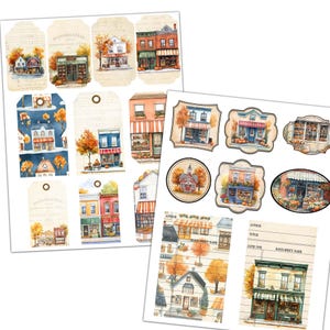 Puede incluir: Un conjunto de papel digital imprimible con ilustraciones de acuarela de escenas de tiendas de oto&ntilde;o. El papel incluye varios dise&ntilde;os con diferentes edificios, &aacute;rboles y follaje de oto&ntilde;o. El papel es perfecto para scrapbooking, creaci&oacute;n de tarjetas y otros proyectos de manualidades.
