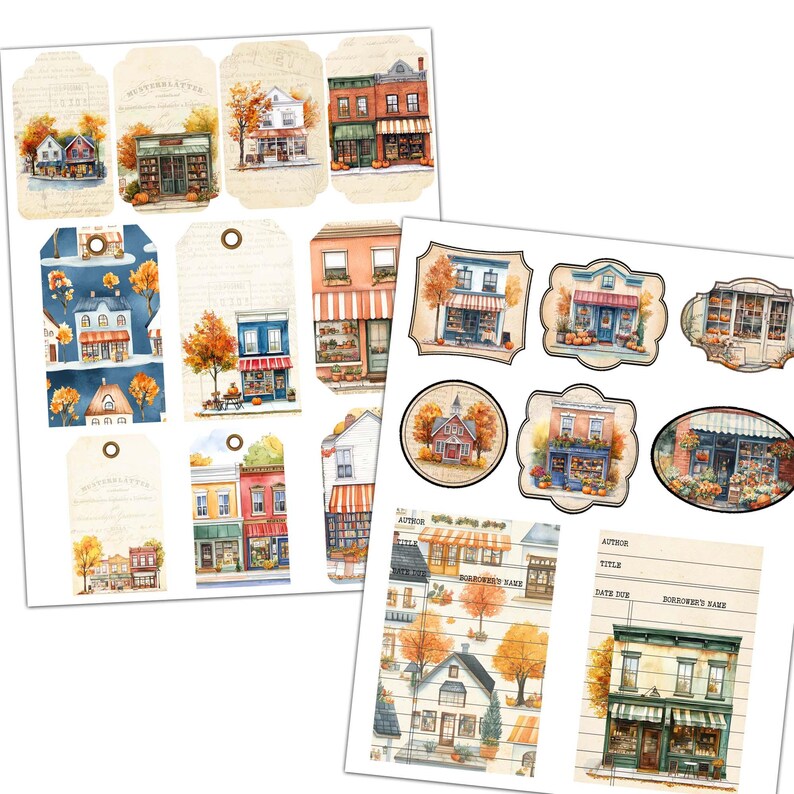 Puede incluir: Un conjunto de papel digital imprimible con ilustraciones de acuarela de escenas de tiendas de oto&ntilde;o. El papel incluye varios dise&ntilde;os con diferentes edificios, &aacute;rboles y follaje de oto&ntilde;o. El papel es perfecto para scrapbooking, creaci&oacute;n de tarjetas y otros proyectos de manualidades.