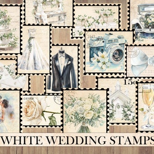 Carimbos de casamento brancos vintage, itens antigos, corte elaborado, folha de adesivos, suprimentos para diário, recortes de casamento boho, download instantâneo