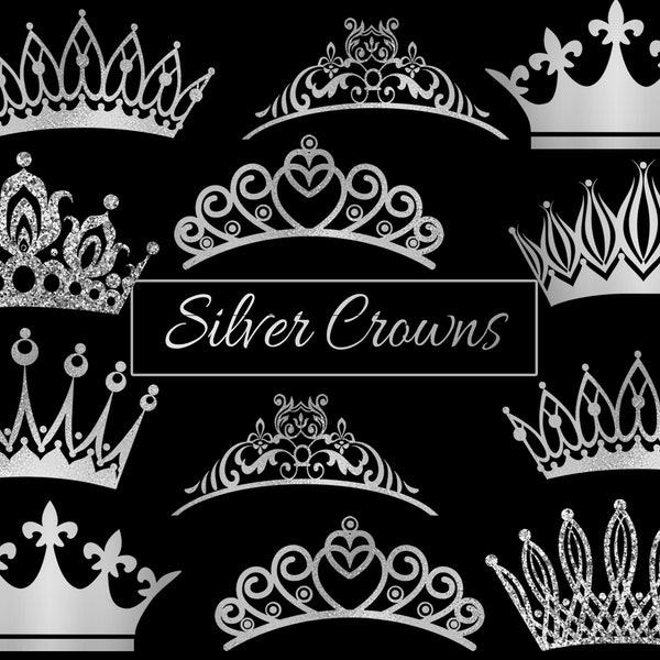 Silver Sparkle Crowns Clipart Pack, Royalty PNG, Metallic Tiara, King and Queen, Clip Art, Transparent Background, Commercial Use