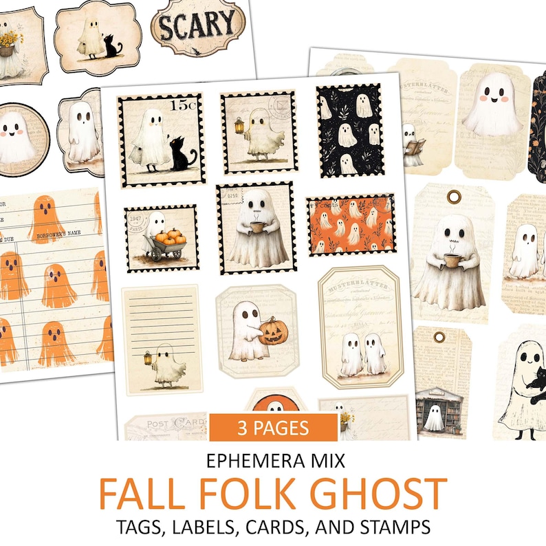 May include: A set of printable Halloween digital papers featuring cute ghost illustrations, vintage-style tags, labels, cards, and stamps. The papers include a variety of patterns and designs, including ghosts, pumpkins, and other Halloween-themed elements. The text "SCARY" and "15c" are visible on the papers.