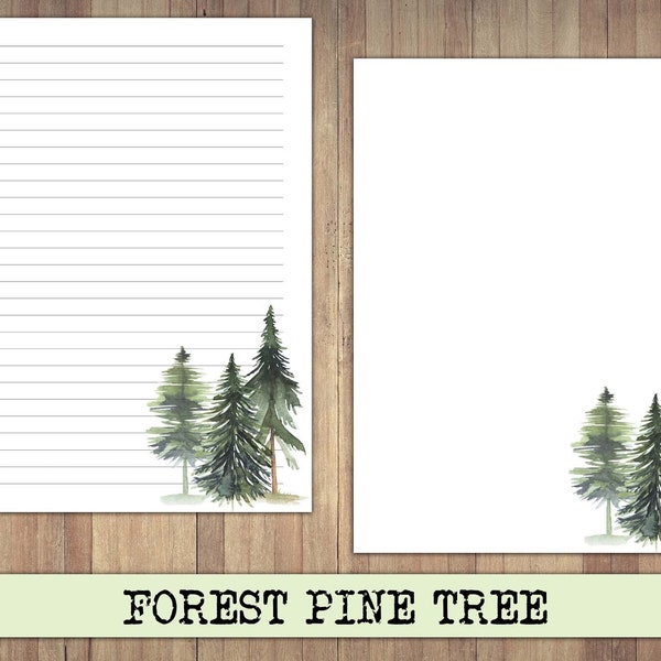 Printable Writing Paper, Pine Tree Stationery, Watercolor Forest, Junk Journal, Letterhead, Pen Pal, Lined, Unlined, Ephemera, Scrapbook