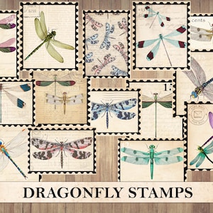 Vintage Dragonfly Stamps, Antique Ephemera, Fussy Cut, Sticker Sheet, Junk Journal Supplies, Winged Insect, Dragonflies, Instant Download