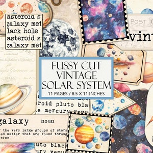 Afdrukbare Vintage zonnestelsel Ephemera Kit, antieke planeet esthetiek, kieskeurig knippen, junk Journal Supplies, collage, Galaxy, commercieel gebruik
