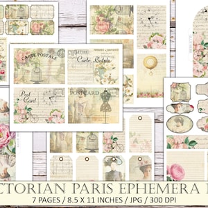 Cyfrowy zestaw ephemera z motywem paryskiego Victorian Paris, wycinanie precyzyjne, pakiet ephemera, materiały do drukowania Junk Journal, pocztówka, etykiety, tagi, koperty, kolaż