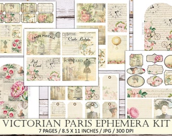 May include: A digital scrapbook kit with vintage Parisian themes. The kit includes 7 pages of digital papers, tags, and labels with images of birds, bicycles, roses, and a vintage dress form. The kit is 8.5 x 11 inches and 300 DPI.